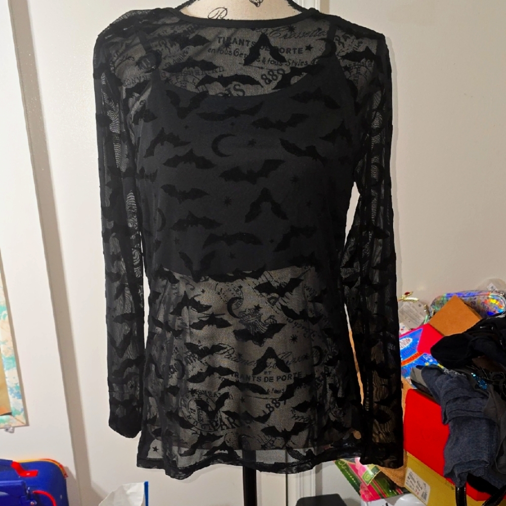 Dressfo Black Sheer Flocked Bat Print Long Sleeve Top